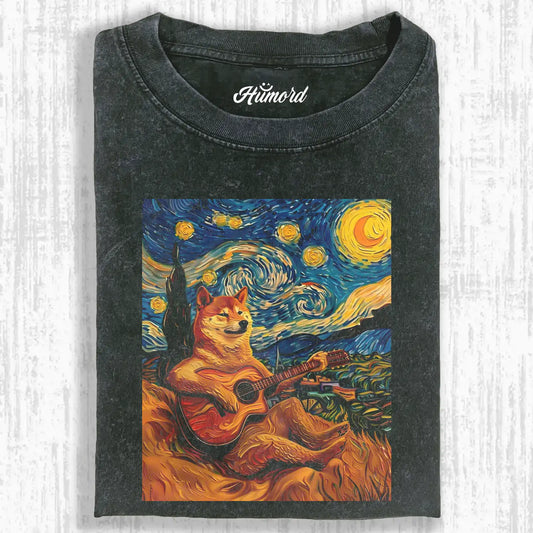DOG PLAYING GUITAR UNDER THE STARRY NIGHT TEE