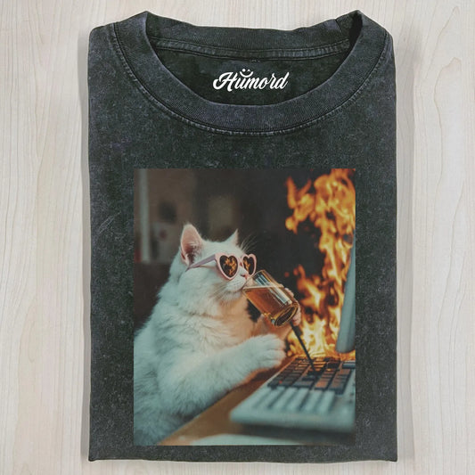 WORKING CAT WITH FIRE T-SHIRT