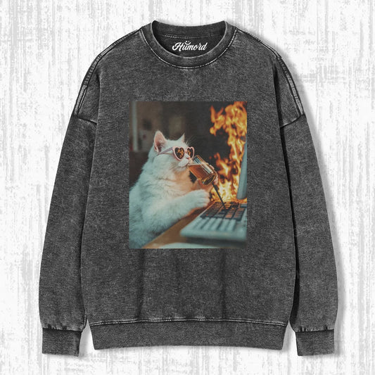 WORKING CAT WITH FIRE T-SHIRT